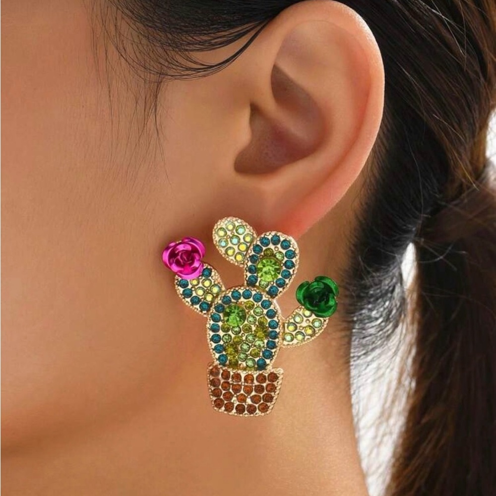 Colorful Cactus Crystal Statement Earrings - Women's Jewelry